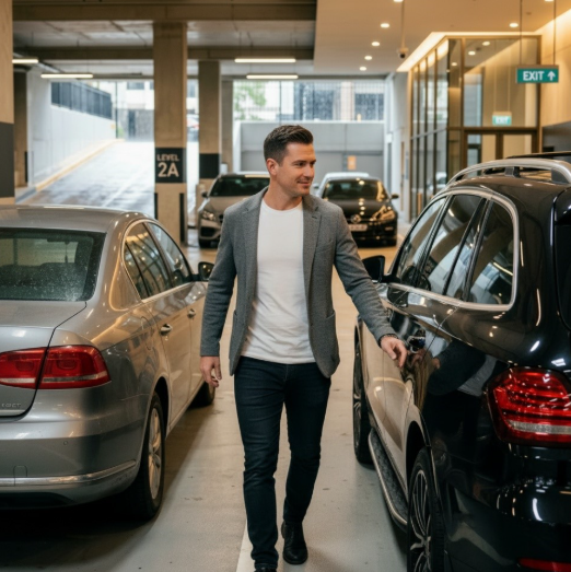 Rapaz feliz após ter feito um “upgrade” de automóvel, faz a transição simbólica de um carro de entrada para um SUV mais premium.